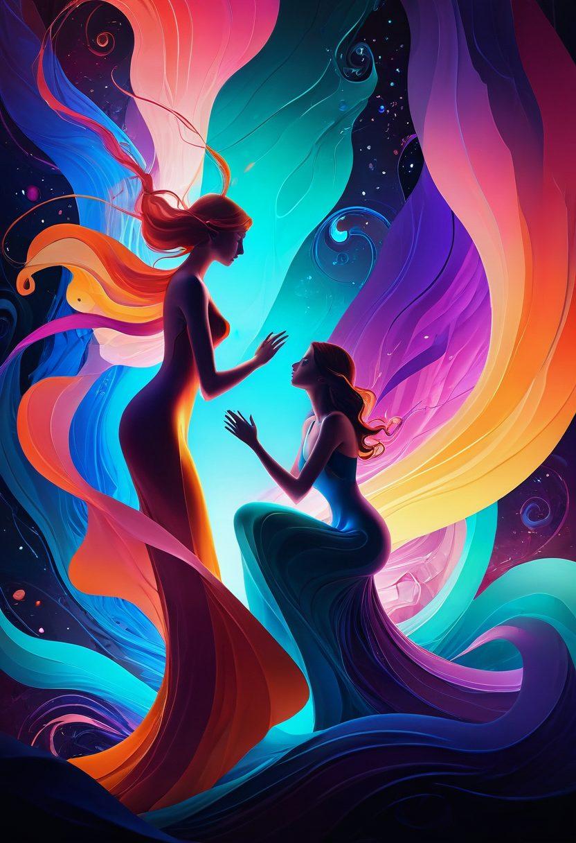 A vivid, enchanting scene featuring an abstract representation of animated characters engaged in intimate storytelling, surrounded by swirling colors that evoke passion and allure. Include flowing lines and soft shapes to symbolize sensuality, with a glowing background that enhances the dreamlike atmosphere. The characters should be semi-transparent, blending fantasy with reality, inviting viewers into their world. vibrant colors. surreal art. 3D.
