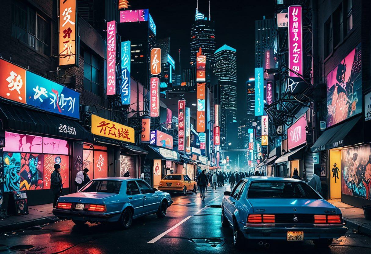 A dynamic collage that showcases the progression of adult anime culture, featuring vintage underground anime art contrasted with modern mainstream designs. Include iconic characters from different eras, vibrant neon colors representing the evolution, and a background that transitions from a gritty urban landscape to a bright, bustling metropolis. The overall look should blend realism with a touch of fantasy, emphasizing both nostalgia and modernity. vibrant colors. super-realistic.